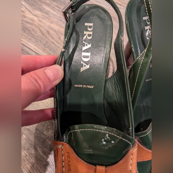 PRADA Vintage Slingback Heels Green and Tan Patent Leather Size 40 1/2 Dust Bags - Picture 4 of 17